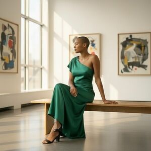 Emerald One-Shoulder Satin Slip Dress